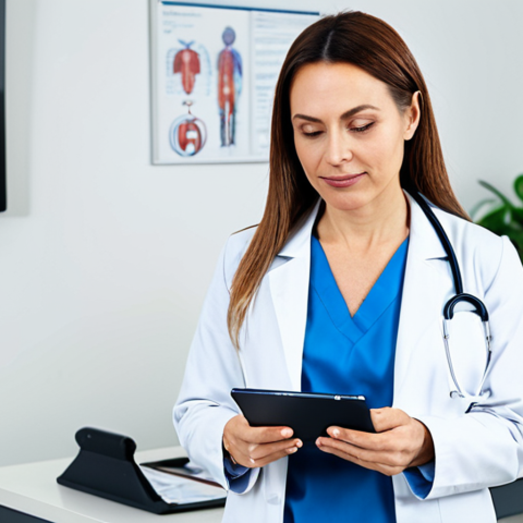 지식 공유 시스템 구축을 위한 전문가의 조언 - **Subject:** A professional female doctor in a clean, well-lit clinic, fully clothed in her doctor's...