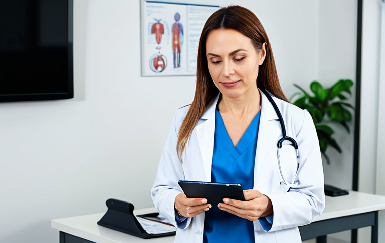 지식 공유 시스템 구축을 위한 전문가의 조언 - **Subject:** A professional female doctor in a clean, well-lit clinic, fully clothed in her doctor's...