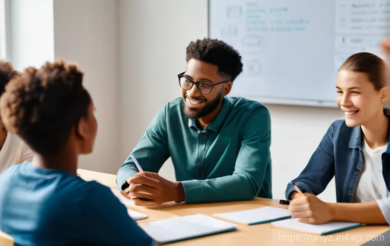 효과적인 지식 공유를 위한 커뮤니케이션 전략 - "A warm and inviting scene depicting a diverse group of adults and young adults gathered in a modern...