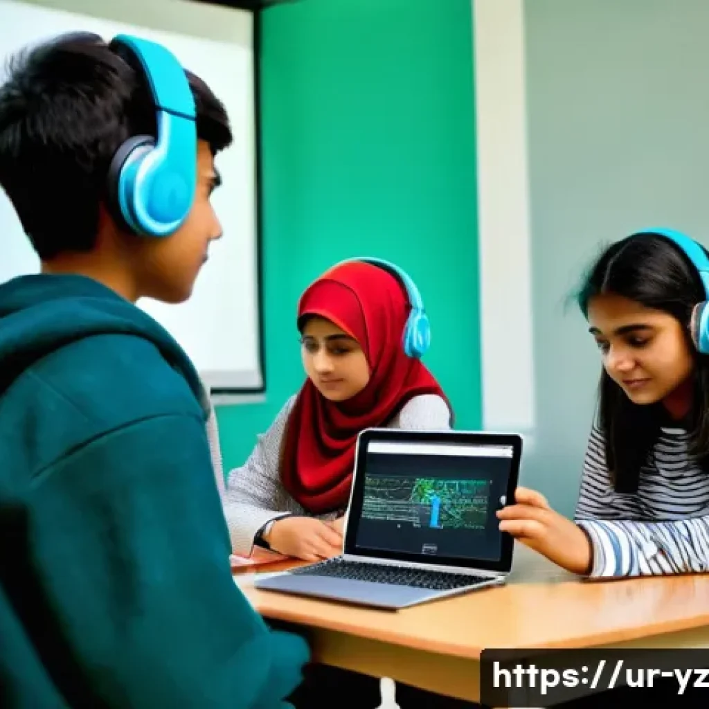 지식 공유 시스템의 기술적 발전 - **Prompt:** A diverse group of young students, around 15-18 years old, are engaged in a personalized...