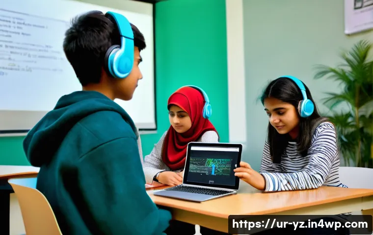 지식 공유 시스템의 기술적 발전 - **Prompt:** A diverse group of young students, around 15-18 years old, are engaged in a personalized...