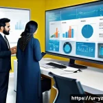 Home 21 지식 공유 시스템 구축에 필요한 예산 계획 - A modern office environment in Pakistan showing a diverse team of professionals collaborating around...