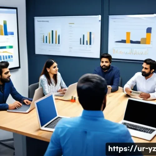 Home 32 지식 공유를 위한 프로젝트 관리 도구 - A modern office environment depicting a diverse team of Pakistani professionals engaged in a project...