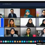 Home 23 지식 공유 플랫폼의 시장 전망과 도전 과제 - A vibrant digital academic platform scene showing diverse Urdu-speaking researchers and students fro...