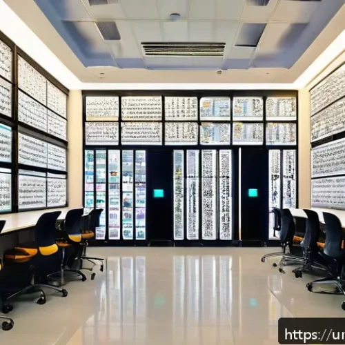 Home 17 지식 공유 시스템의 요소와 기능 - A modern digital archive room in a prestigious Pakistani university, featuring sleek cloud-based sto...